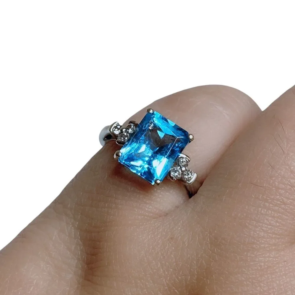 10k 10KT Karat Fine Solid White Gold Blue Topaz & Diamond Ring Women’s 6.5
